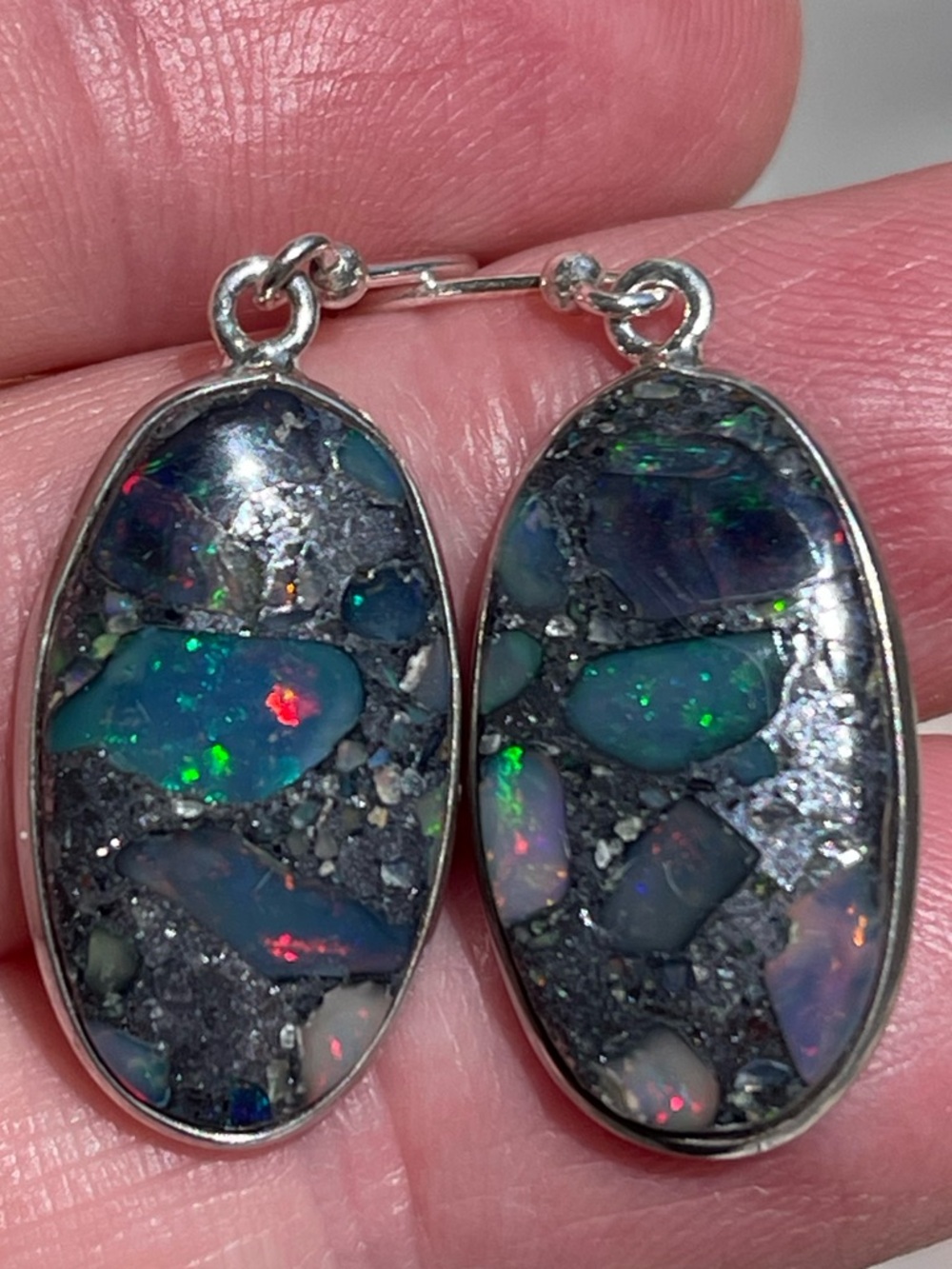 Genuine Ethiopian opal in pyrite silver earrings - Picture 4 of 4